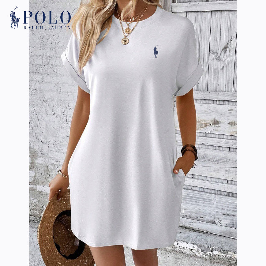 Lässiges Ralph Lauren Kurzarmkleid mit Rundhalsausschnitt und einfarbigem Druck