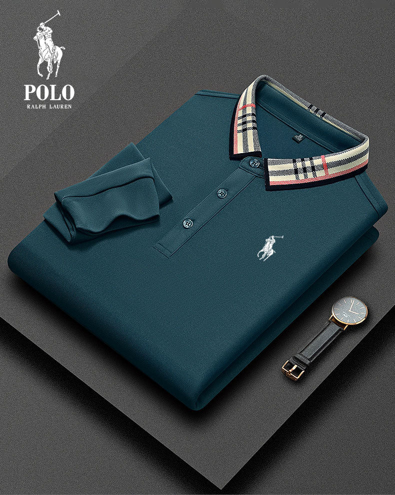 A0093 Ralph Lauren Herren kariertes Langarm-Freizeit-Poloshirt mit Kragen