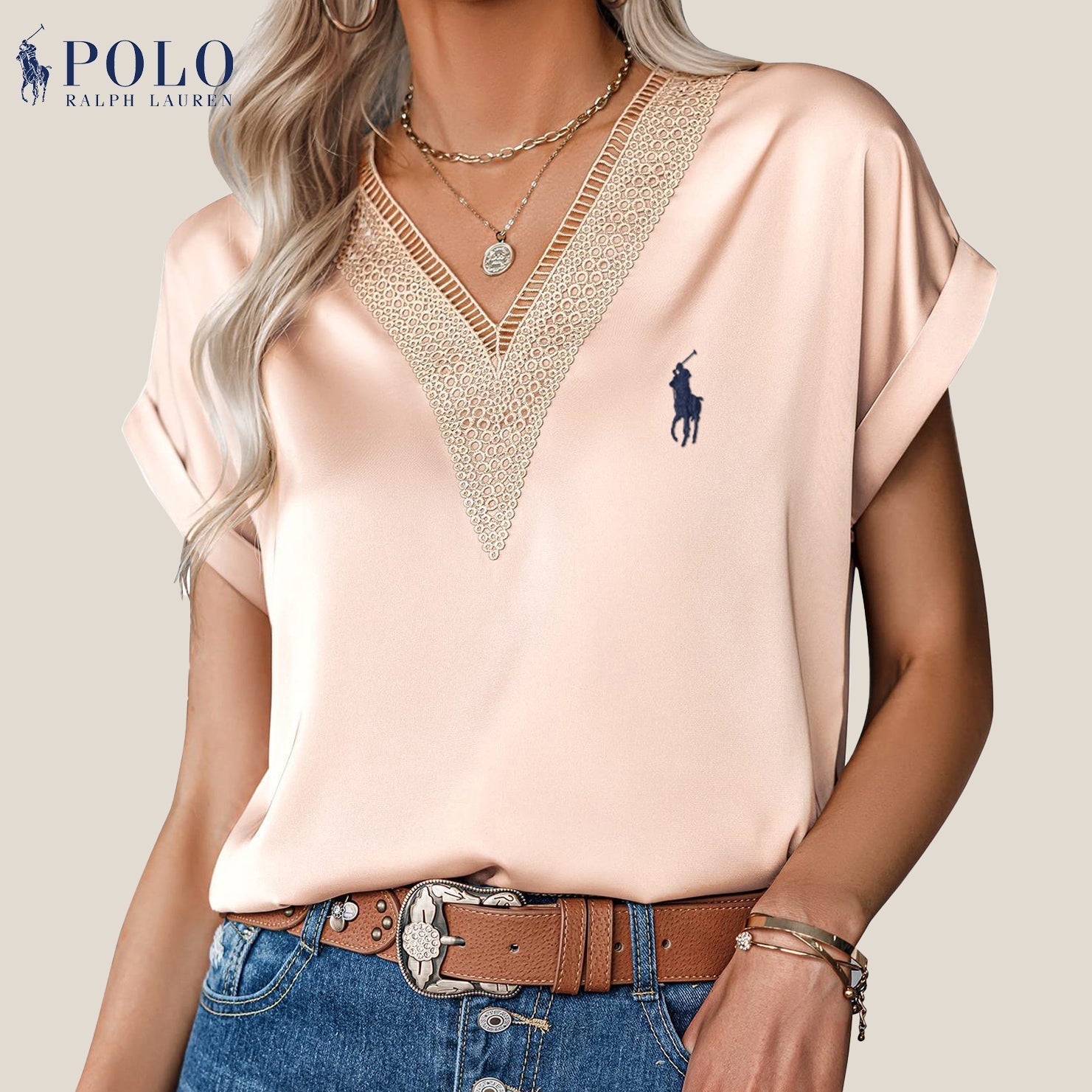 Satinbluse mit Spitze und V-Ausschnitt von Ralph Lauren