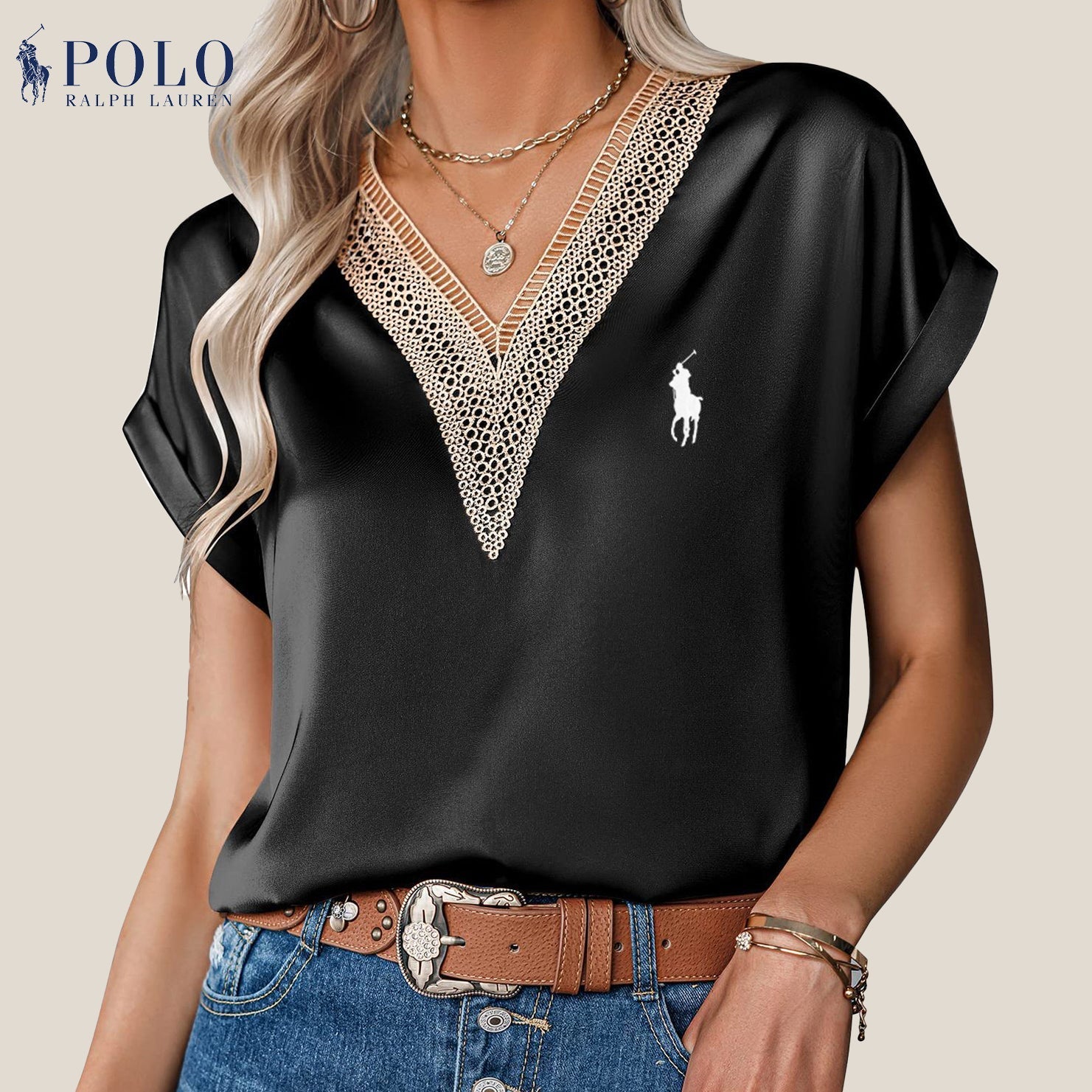 Satinbluse mit Spitze und V-Ausschnitt von Ralph Lauren