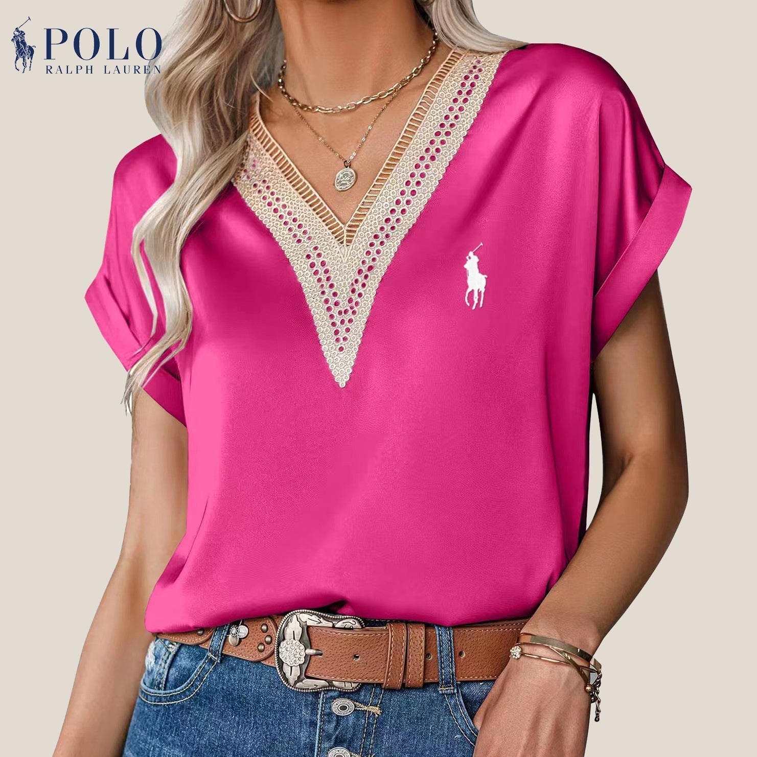 Satinbluse mit Spitze und V-Ausschnitt von Ralph Lauren