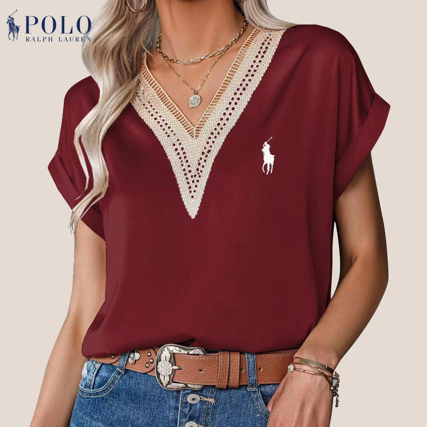 Satinbluse mit Spitze und V-Ausschnitt von Ralph Lauren