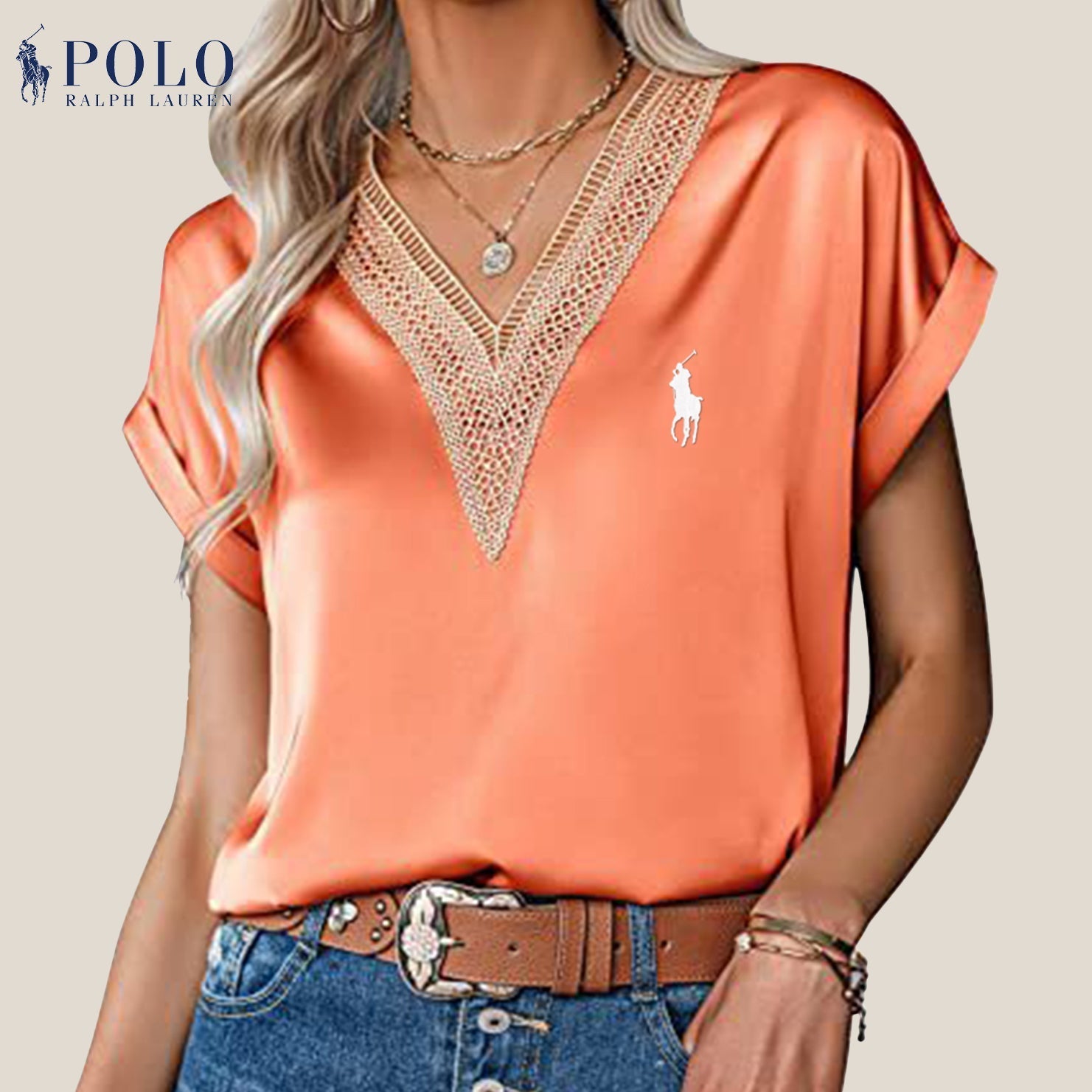 Satinbluse mit Spitze und V-Ausschnitt von Ralph Lauren