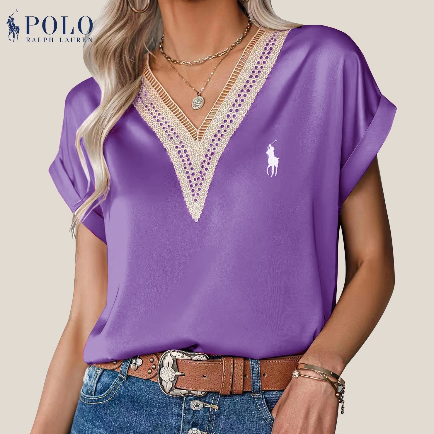Satinbluse mit Spitze und V-Ausschnitt von Ralph Lauren