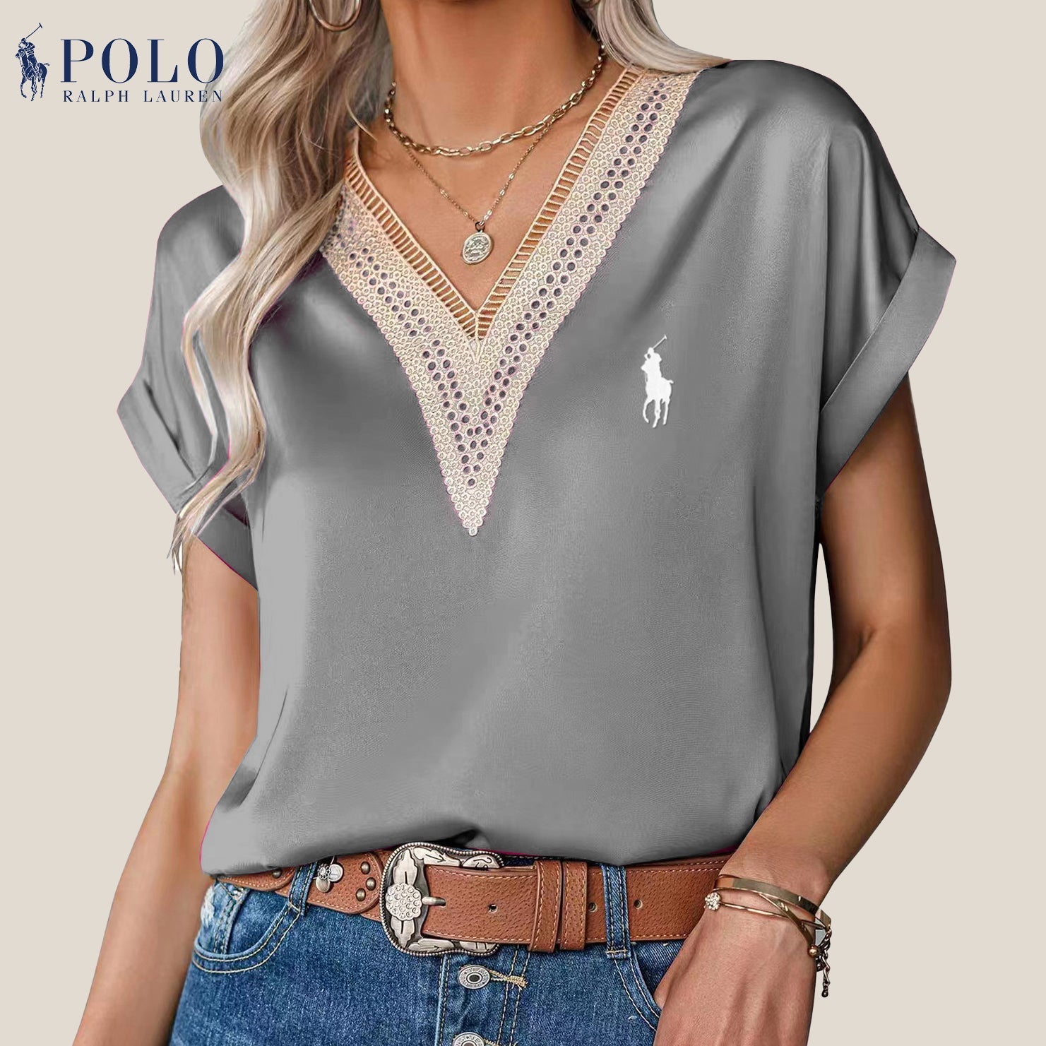Satinbluse mit Spitze und V-Ausschnitt von Ralph Lauren