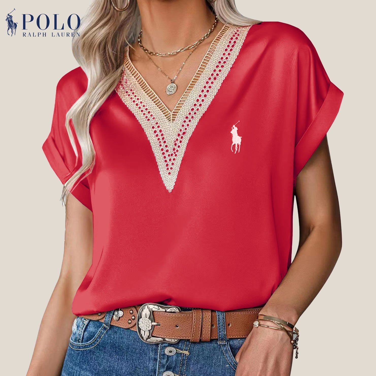 Satinbluse mit Spitze und V-Ausschnitt von Ralph Lauren