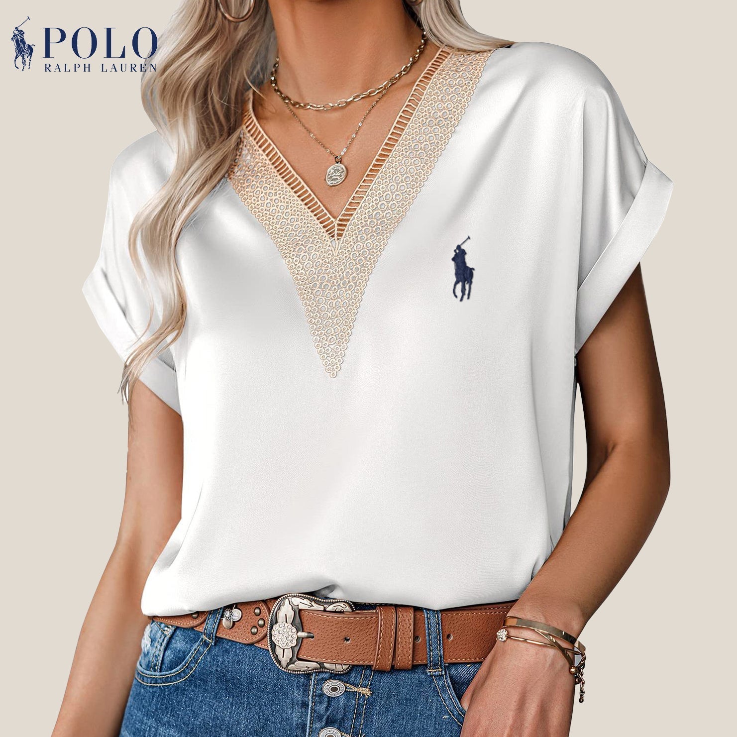 Satinbluse mit Spitze und V-Ausschnitt von Ralph Lauren