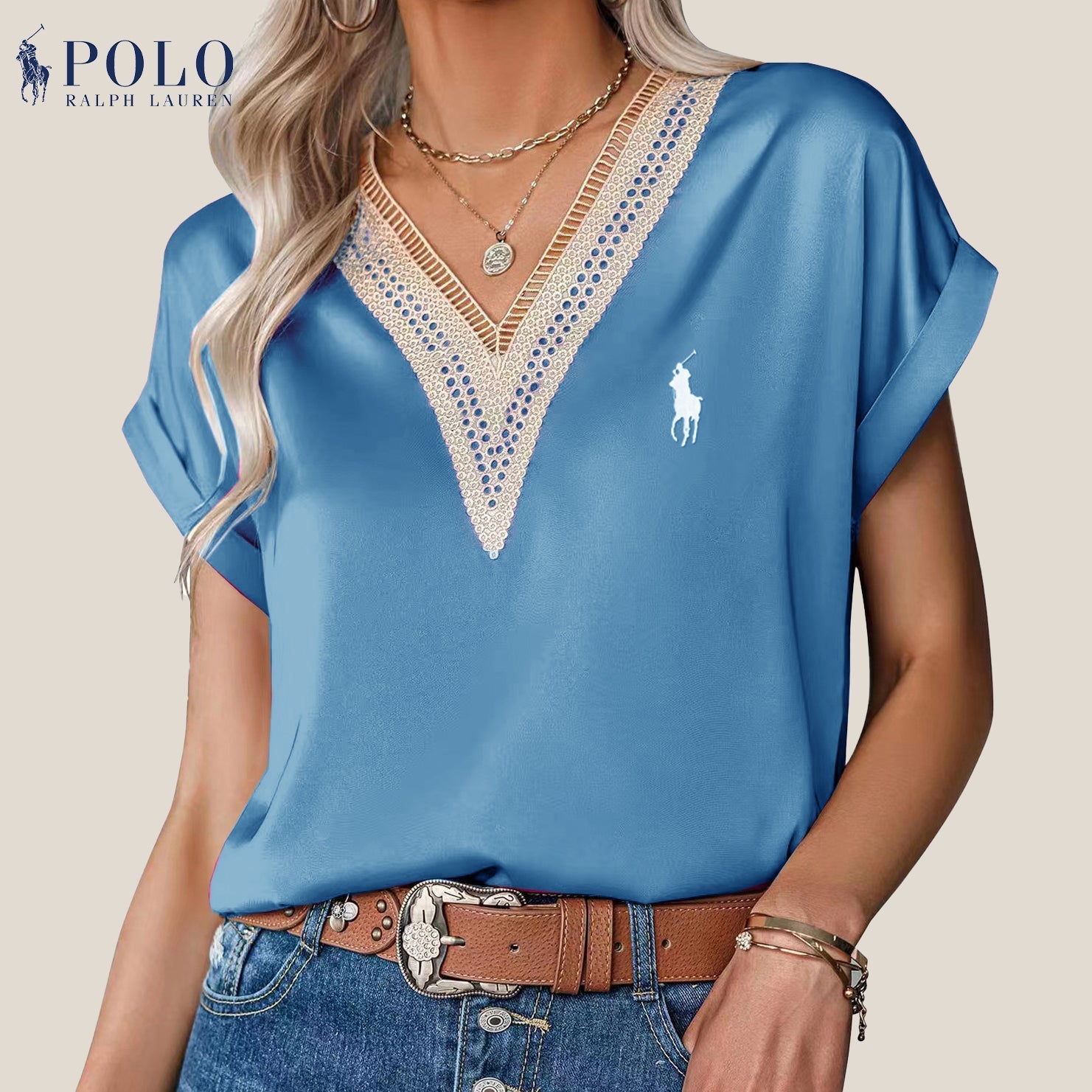 Satinbluse mit Spitze und V-Ausschnitt von Ralph Lauren