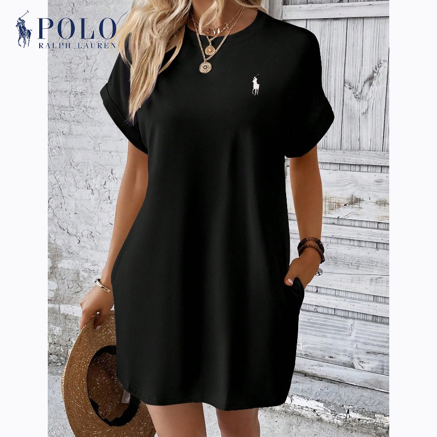 Lässiges Ralph Lauren Kurzarmkleid mit Rundhalsausschnitt und einfarbigem Druck