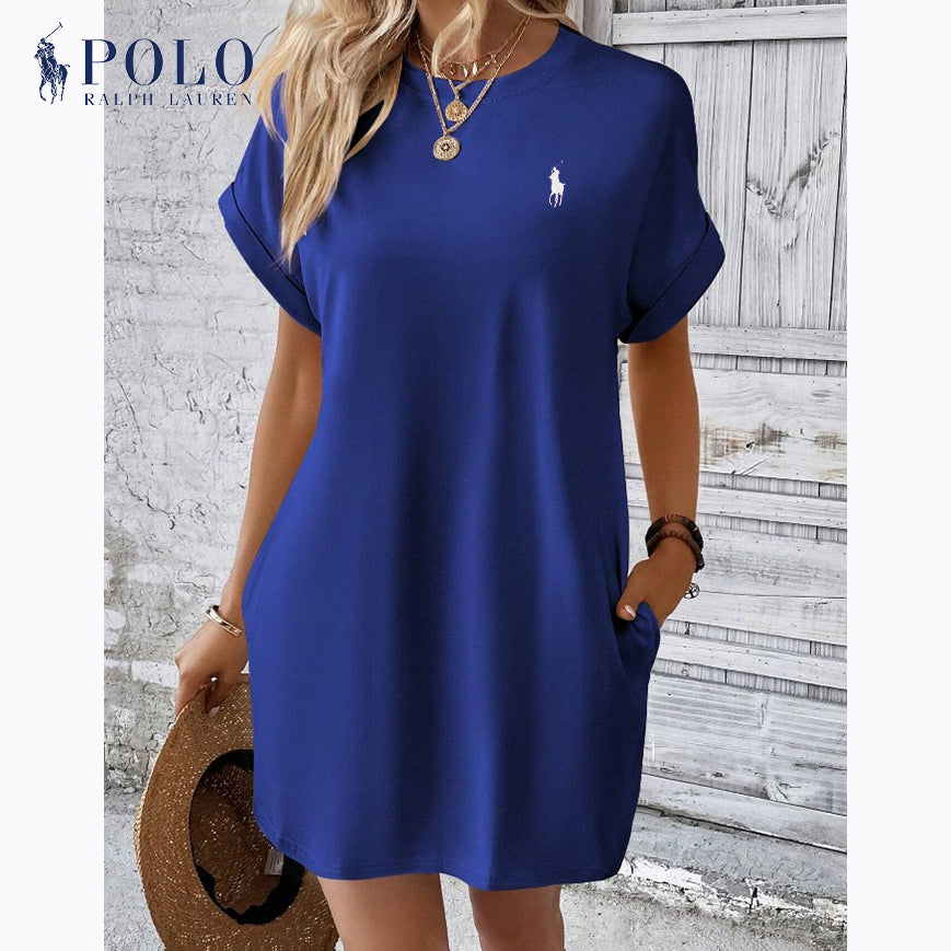 Lässiges Ralph Lauren Kurzarmkleid mit Rundhalsausschnitt und einfarbigem Druck