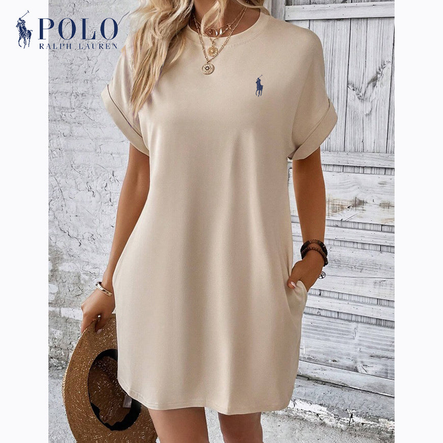 Lässiges Ralph Lauren Kurzarmkleid mit Rundhalsausschnitt und einfarbigem Druck