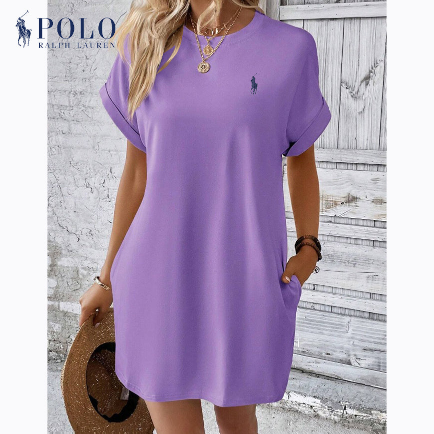 Lässiges Ralph Lauren Kurzarmkleid mit Rundhalsausschnitt und einfarbigem Druck