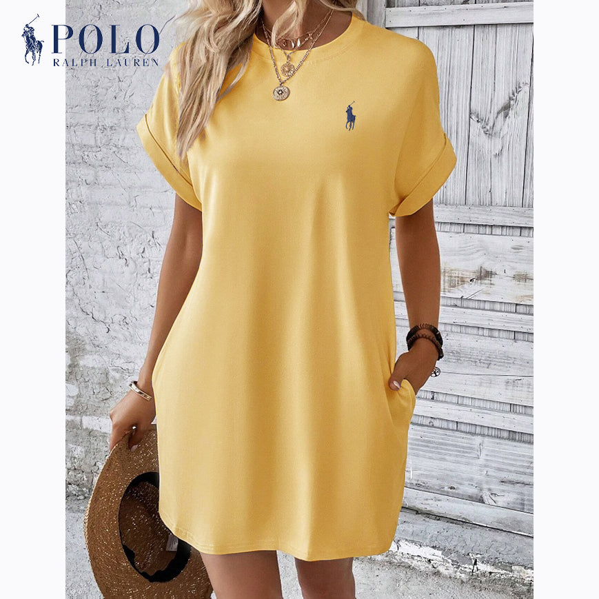 Lässiges Ralph Lauren Kurzarmkleid mit Rundhalsausschnitt und einfarbigem Druck