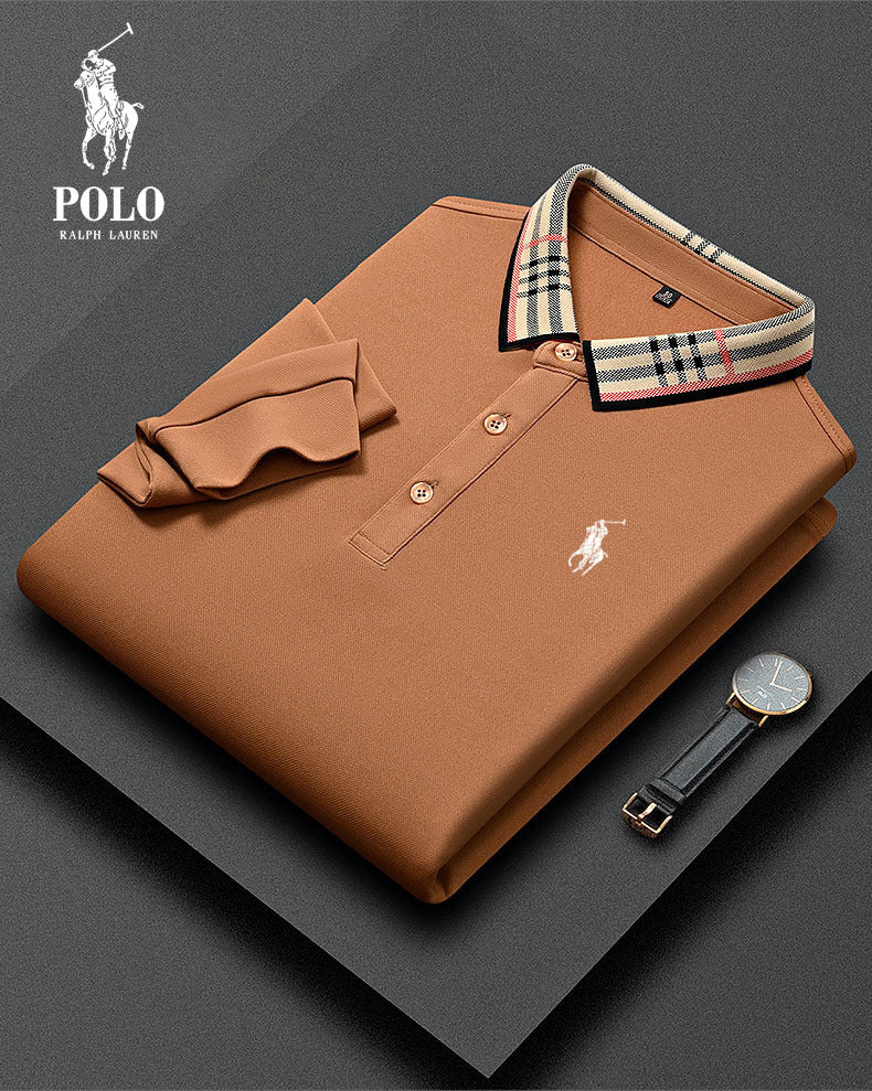 A0093 Ralph Lauren Herren kariertes Langarm-Freizeit-Poloshirt mit Kragen